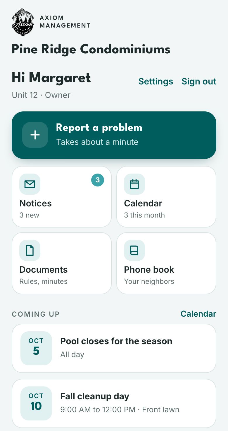 Example private owner site home page with a Report a problem button, notices, calendar, documents, and upcoming events
